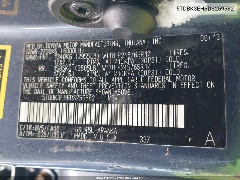5TDBK3EH6DS259582 2013 Toyota Highlander Base Plus V6