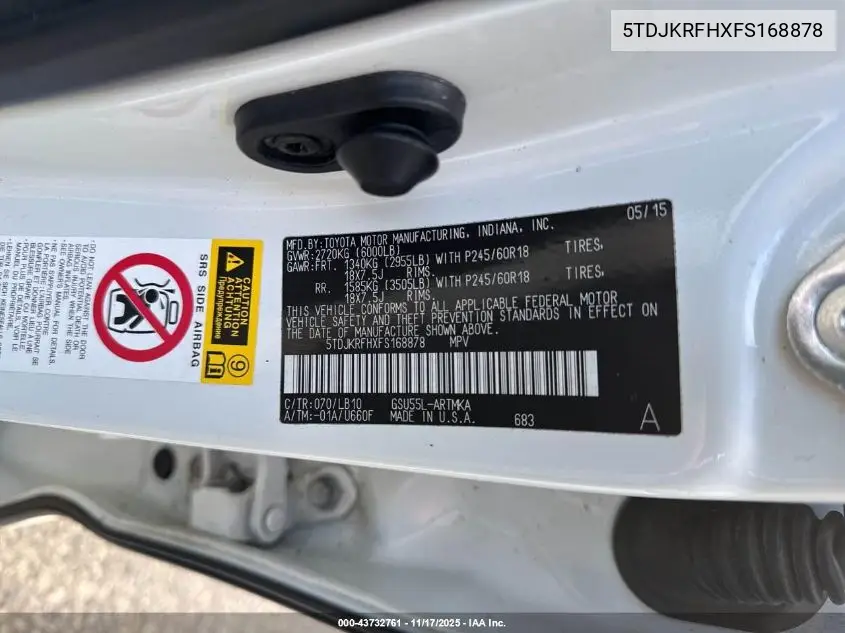 5TDJKRFHXFS168878 2015 Toyota Highlander Xle V6