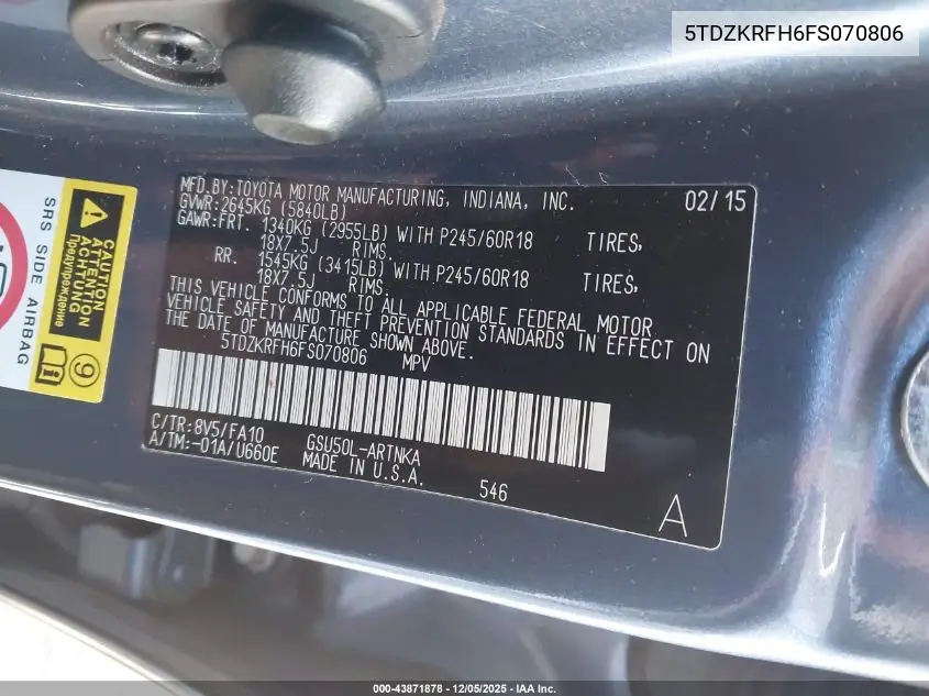 5TDZKRFH6FS070806 2015 Toyota Highlander Le Plus V6/Le V6