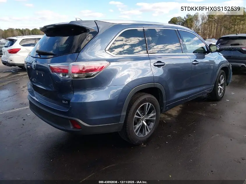 5TDKKRFHXGS152539 2016 Toyota Highlander Xle V6