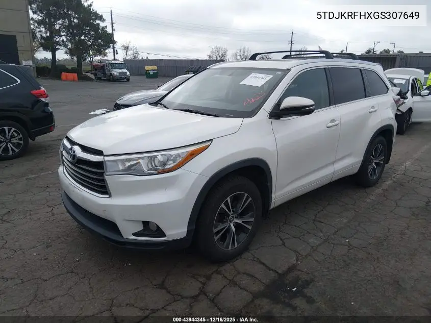 5TDJKRFHXGS307649 2016 Toyota Highlander Xle V6