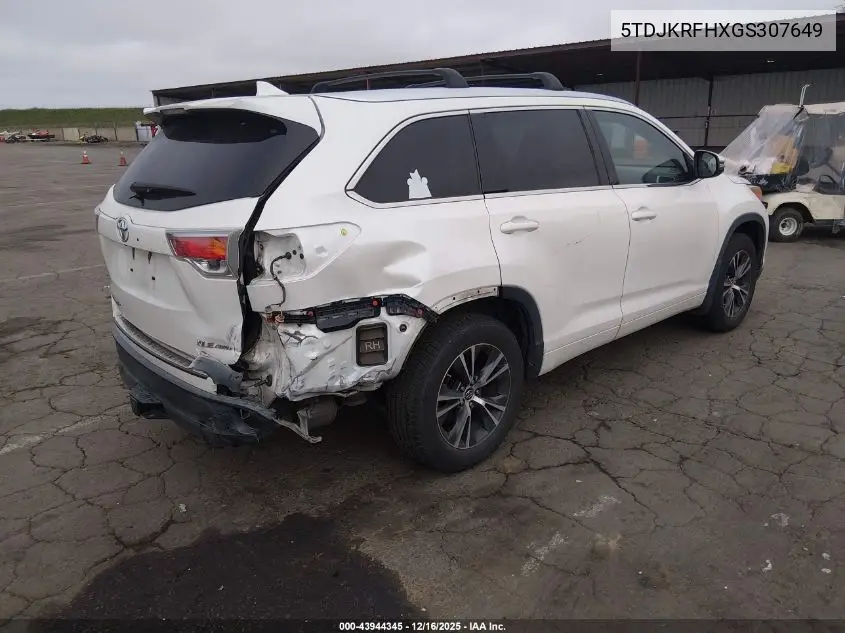 5TDJKRFHXGS307649 2016 Toyota Highlander Xle V6
