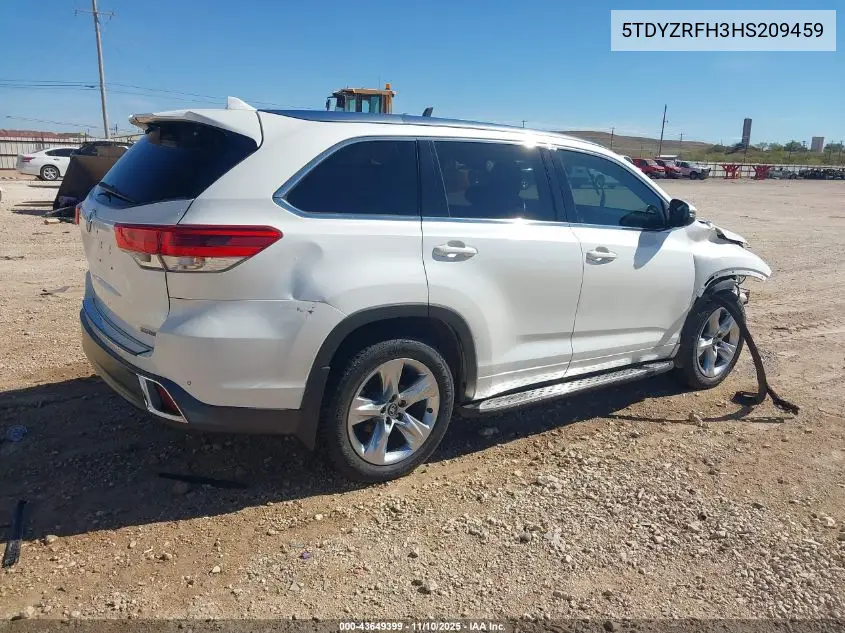 5TDYZRFH3HS209459 2017 Toyota Highlander Limited