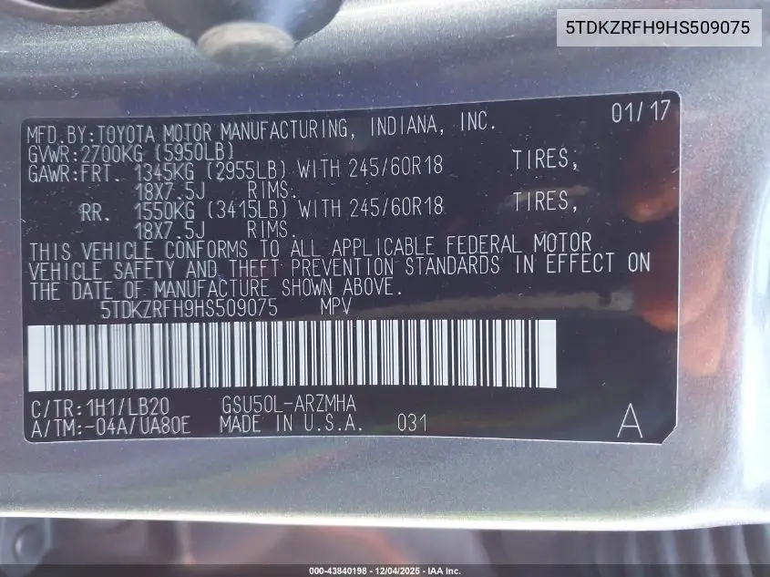 5TDKZRFH9HS509075 2017 Toyota Highlander Xle