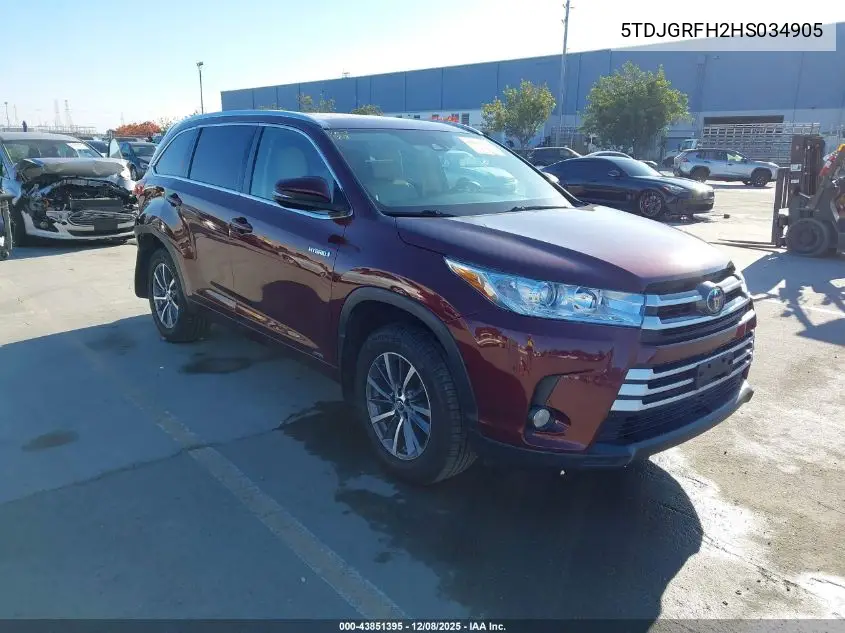 5TDJGRFH2HS034905 2017 Toyota Highlander Hybrid Xle