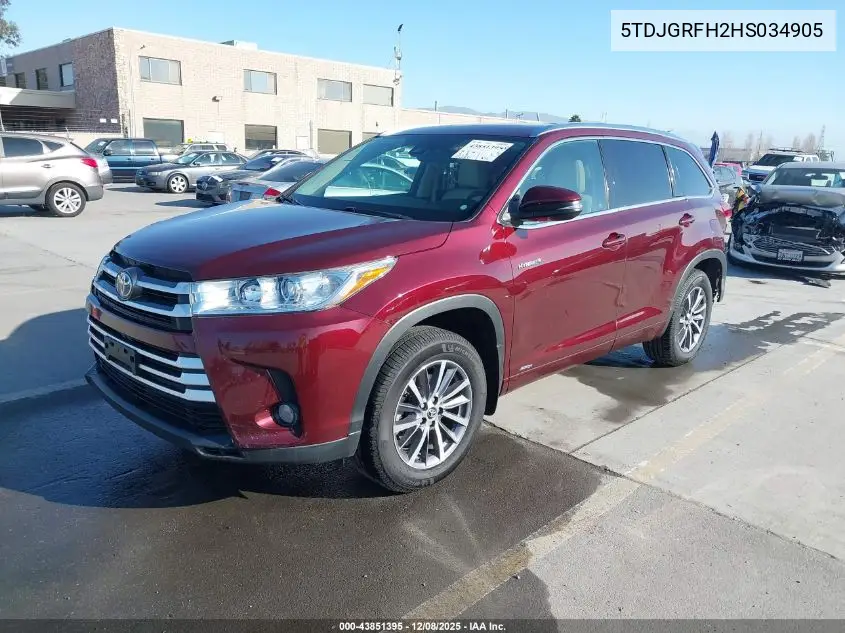 5TDJGRFH2HS034905 2017 Toyota Highlander Hybrid Xle