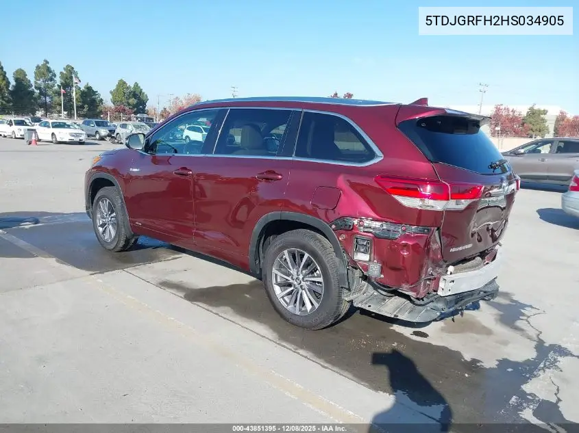 5TDJGRFH2HS034905 2017 Toyota Highlander Hybrid Xle