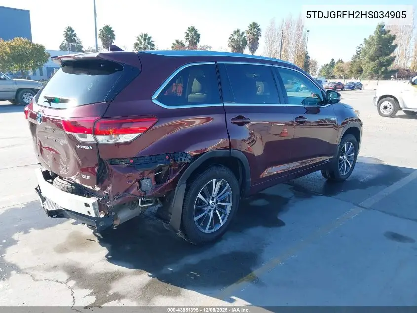 5TDJGRFH2HS034905 2017 Toyota Highlander Hybrid Xle
