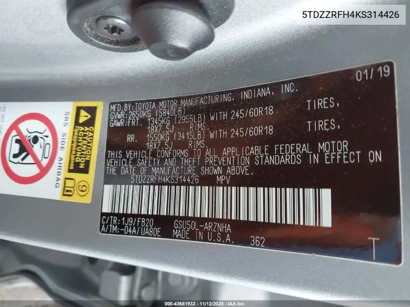 5TDZZRFH4KS314426 2019 Toyota Highlander Le