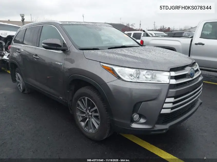 5TDJGRFH0KS078344 2019 Toyota Highlander Hybrid Xle