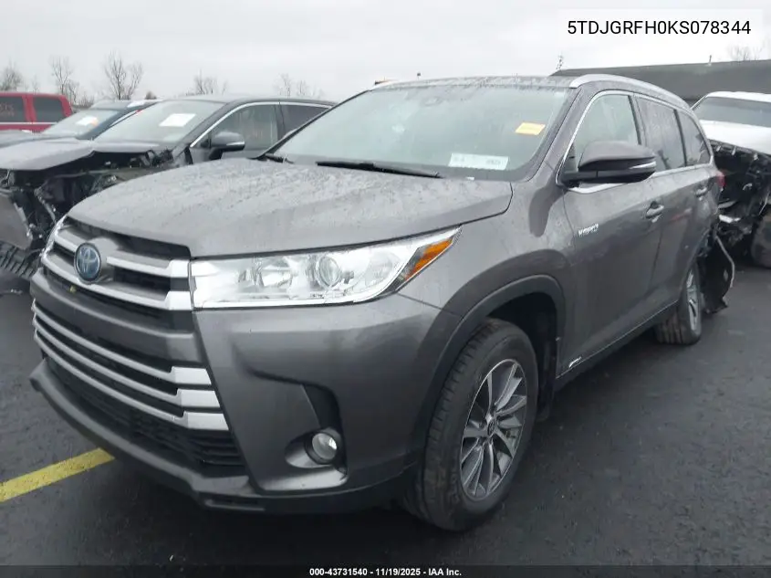 5TDJGRFH0KS078344 2019 Toyota Highlander Hybrid Xle