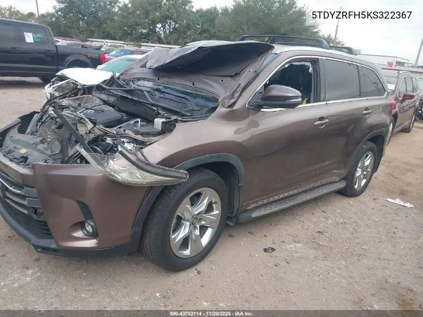 5TDYZRFH5KS322367 2019 Toyota Highlander Limited