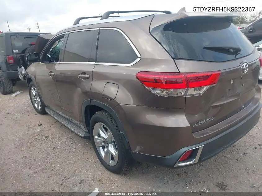 5TDYZRFH5KS322367 2019 Toyota Highlander Limited