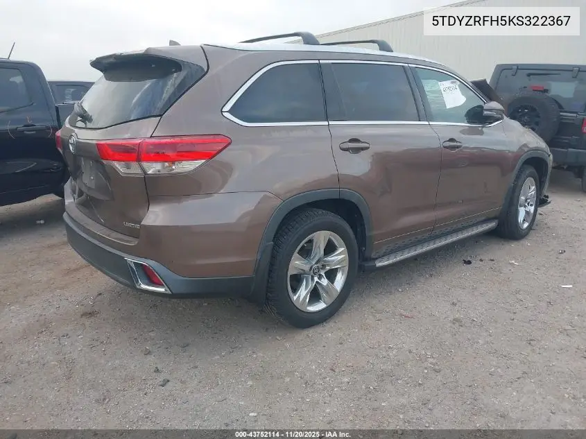 5TDYZRFH5KS322367 2019 Toyota Highlander Limited