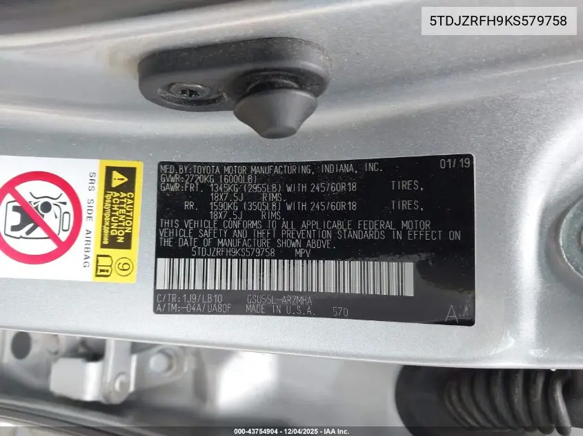 5TDJZRFH9KS579758 2019 Toyota Highlander Xle