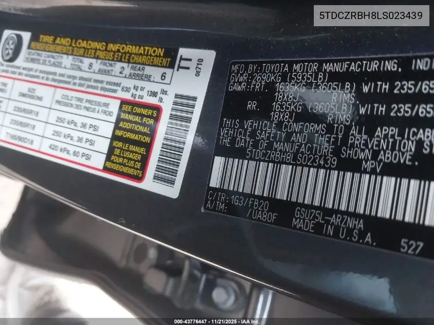 5TDCZRBH8LS023439 2020 Toyota Highlander L