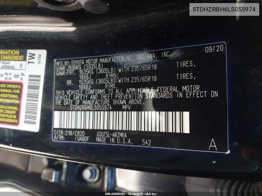 5TDHZRBH6LS055974 2020 Toyota Highlander Xle