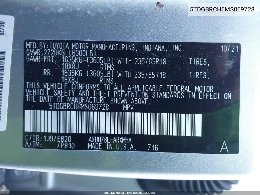 5TDGBRCH6MS069728 2021 Toyota Highlander Hybrid Xle