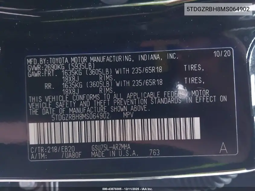 5TDGZRBH8MS064902 2021 Toyota Highlander Xle