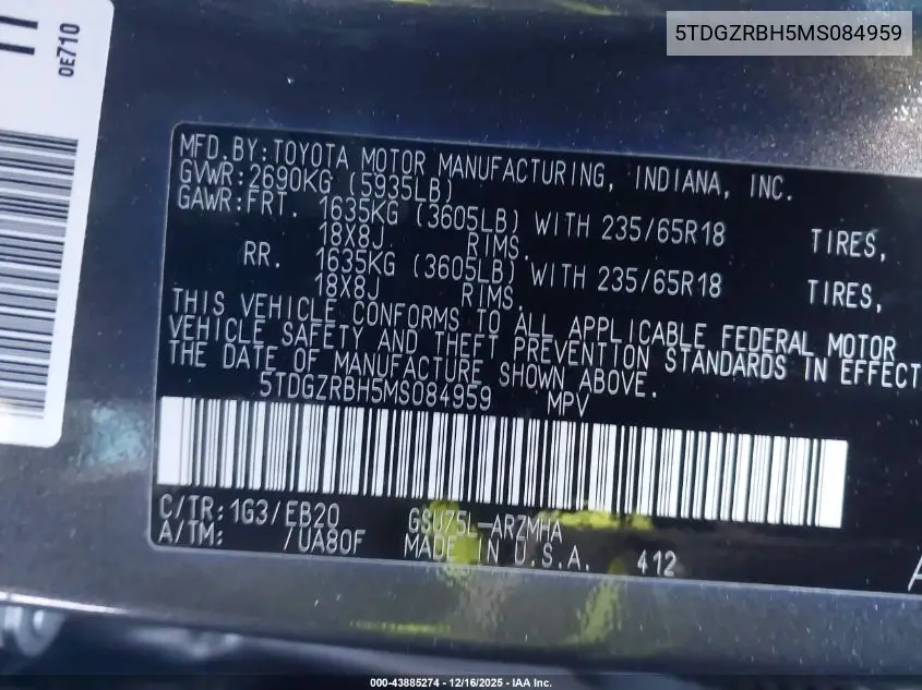 5TDGZRBH5MS084959 2021 Toyota Highlander Xle