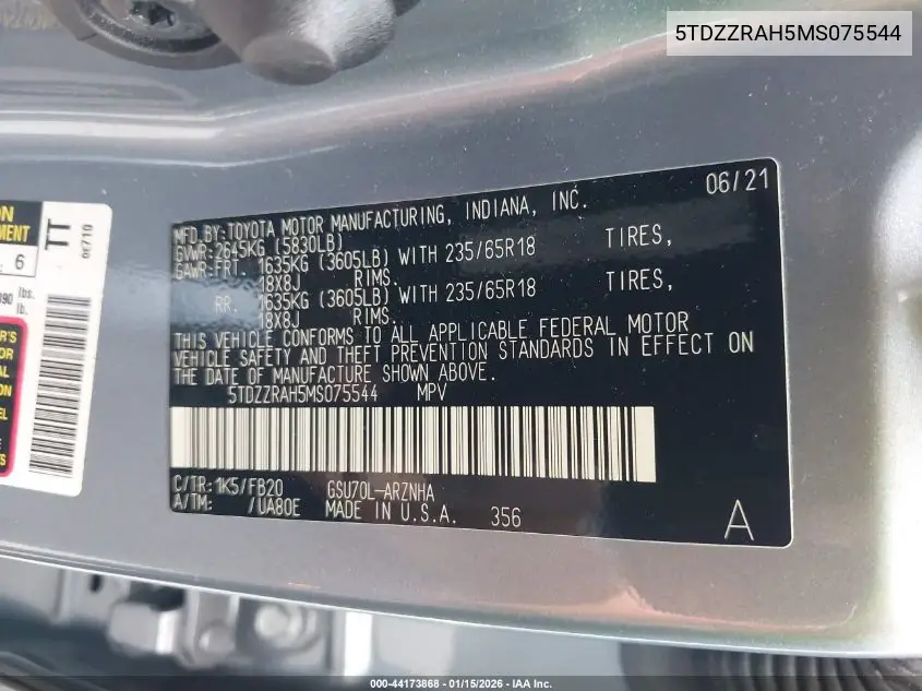 5TDZZRAH5MS075544 2021 Toyota Highlander Le