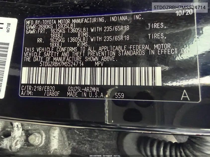 5TDGZRBH7MS524714 2021 Toyota Highlander Xle