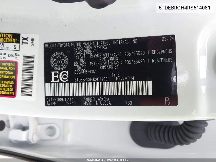 5TDEBRCH4RS614081 2024 Toyota Highlander Hybrid Limited