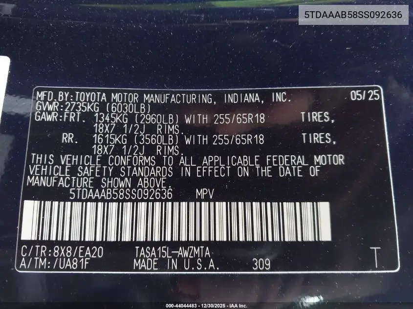 5TDAAAB58SS092636 2025 Toyota Grand Highlander Xle