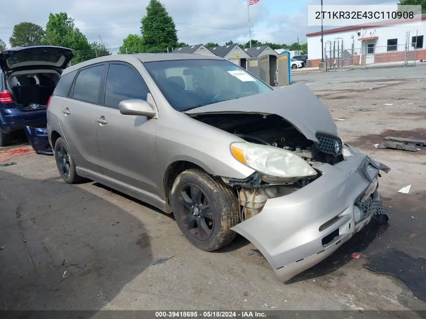 2003 Toyota Matrix Xr VIN: 2T1KR32E43C110908 Lot: 39418695