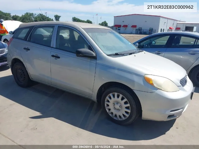 2003 Toyota Matrix Standard VIN: 2T1KR32E83C000962 Lot: 39436910