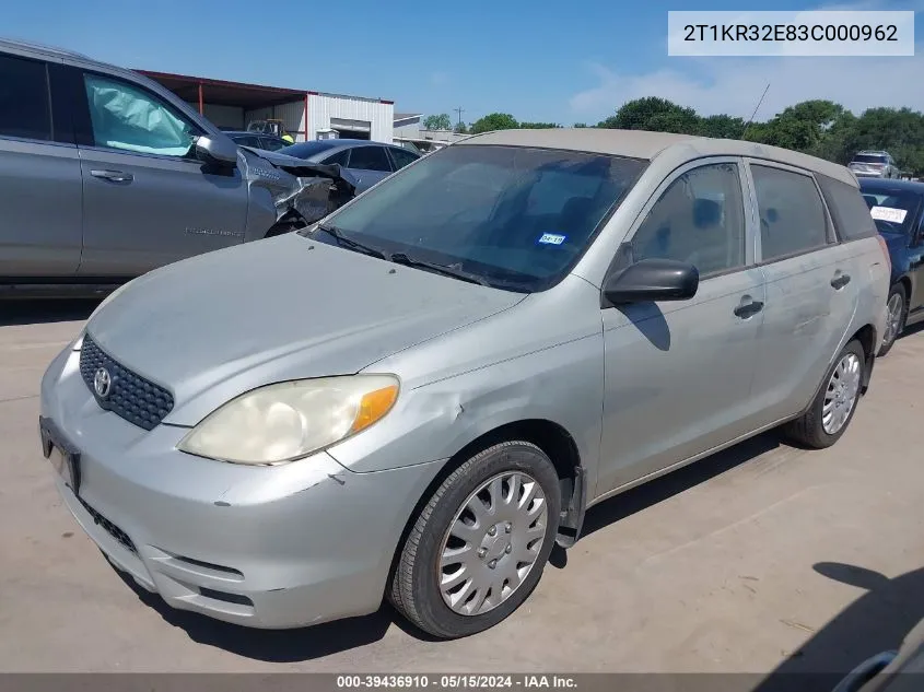 2003 Toyota Matrix Standard VIN: 2T1KR32E83C000962 Lot: 39436910