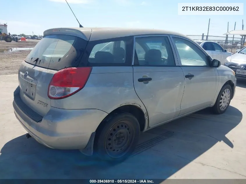 2003 Toyota Matrix Standard VIN: 2T1KR32E83C000962 Lot: 39436910