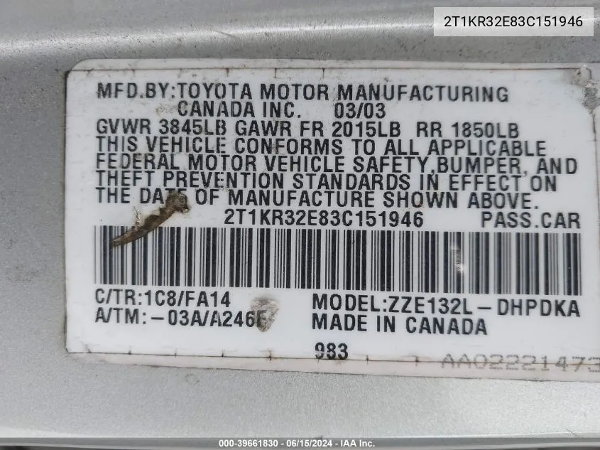 2T1KR32E83C151946 2003 Toyota Matrix Standard