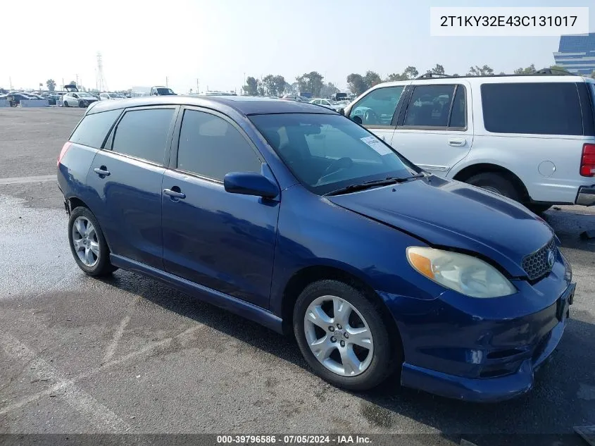 2003 Toyota Matrix Xrs VIN: 2T1KY32E43C131017 Lot: 39796586