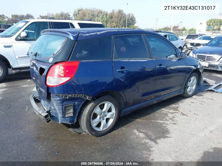 2003 Toyota Matrix Xrs VIN: 2T1KY32E43C131017 Lot: 39796586