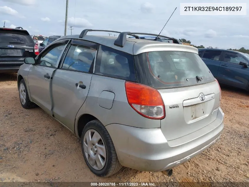 2004 Toyota Matrix Standard VIN: 2T1KR32E94C189297 Lot: 38020785