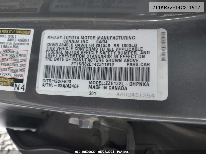 2T1KR32E14C311912 2004 Toyota Matrix Xr