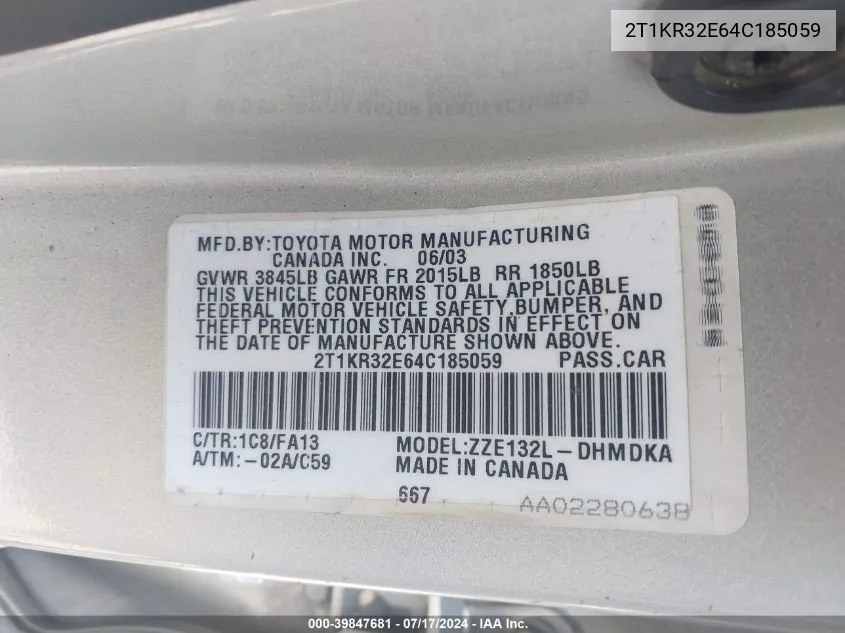 2T1KR32E64C185059 2004 Toyota Matrix Standard