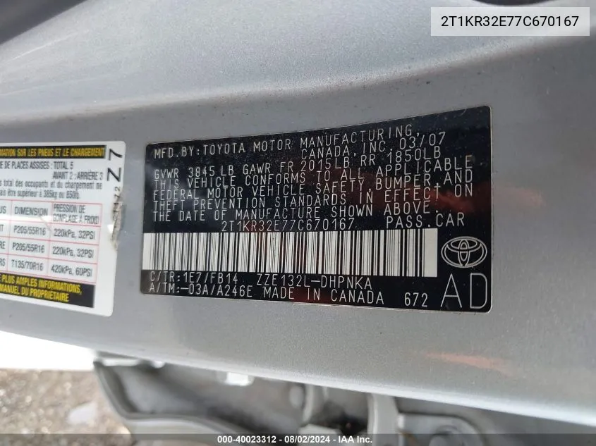 2T1KR32E77C670167 2007 Toyota Matrix Xr