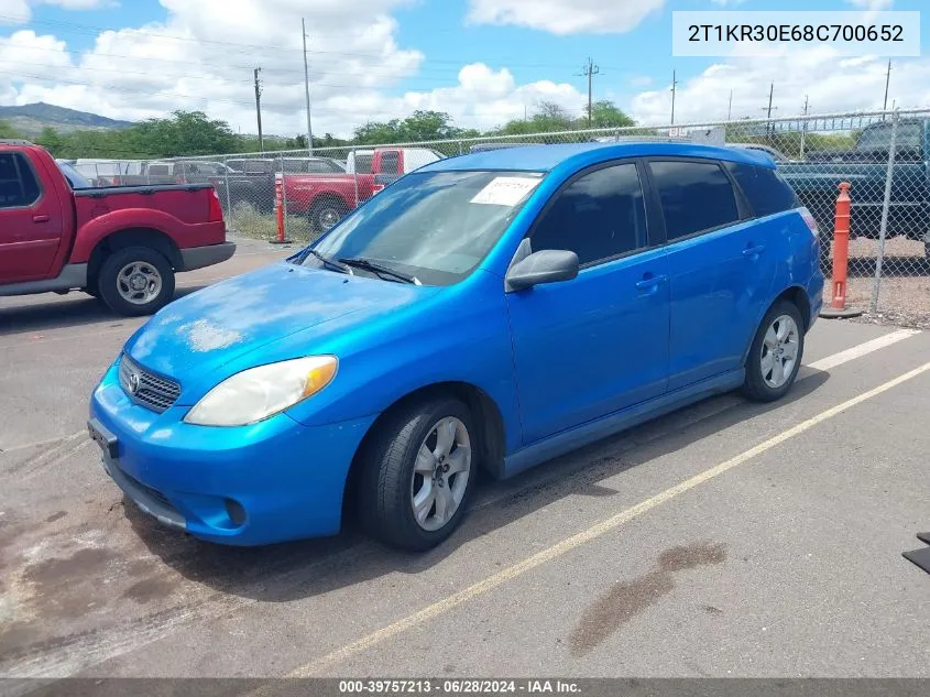 2008 Toyota Matrix Xr VIN: 2T1KR30E68C700652 Lot: 39757213