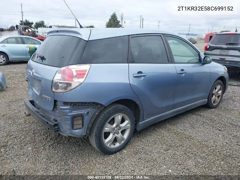 2008 Toyota Matrix Xr VIN: 2T1KR32E58C699152 Lot: 40133109