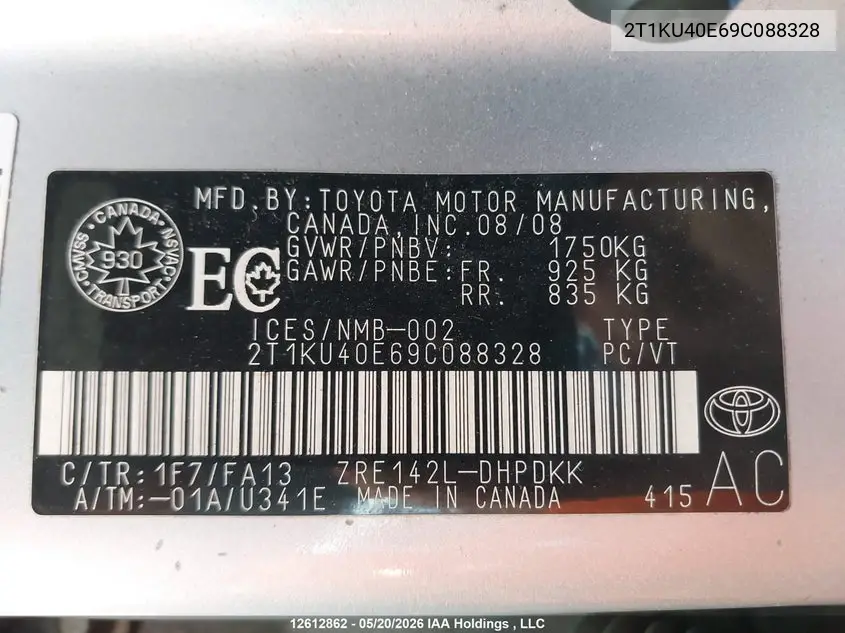 2009 Toyota Matrix VIN: 2T1KU40E69C088328 Lot: 12612862x