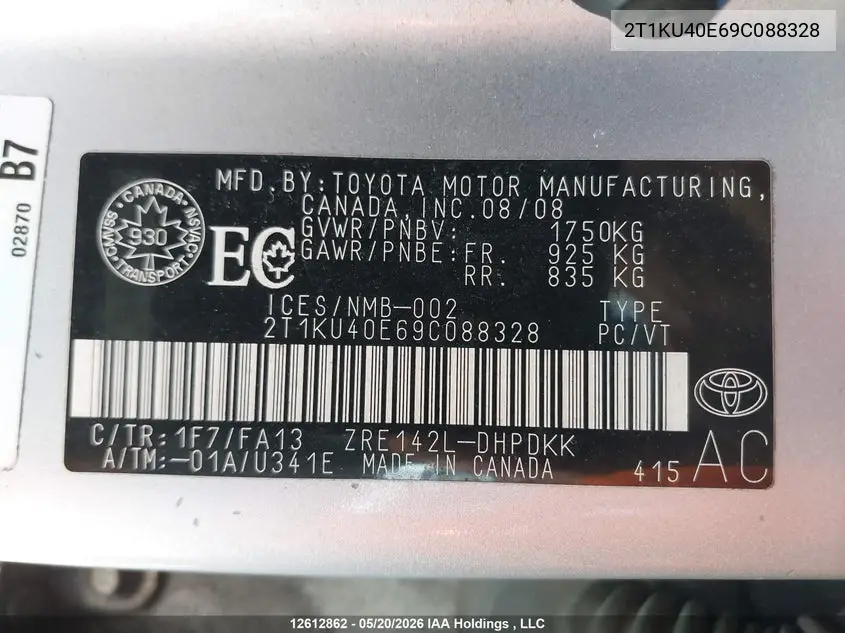 2009 Toyota Matrix VIN: 2T1KU40E69C088328 Lot: 12612862x