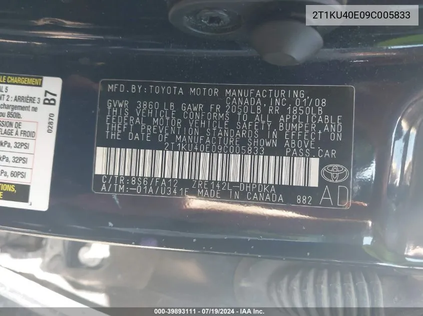 2T1KU40E09C005833 2009 Toyota Matrix