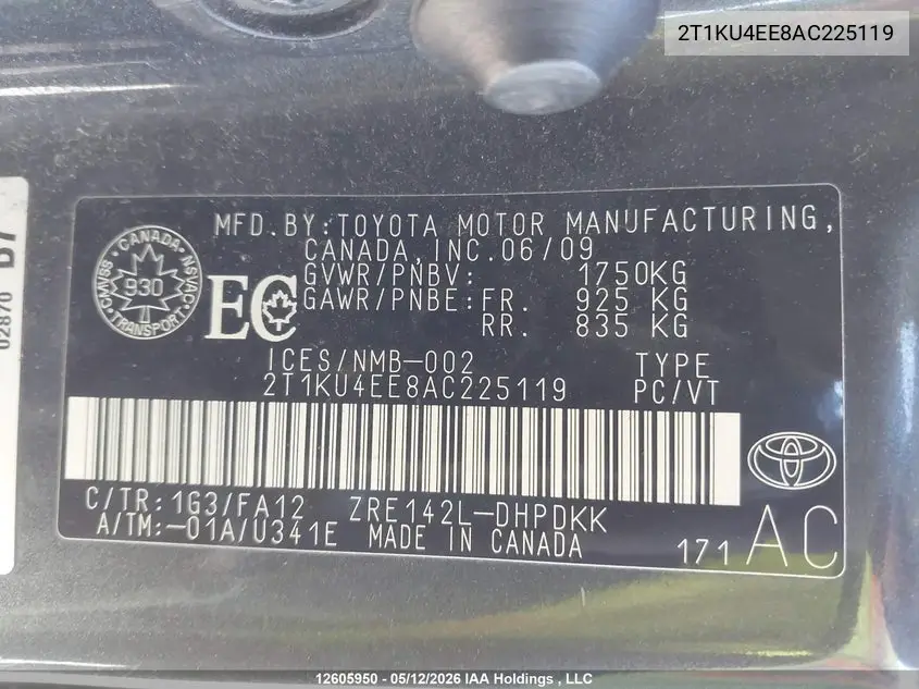 2010 Toyota Corolla Matrix VIN: 2T1KU4EE8AC225119 Lot: 12605950