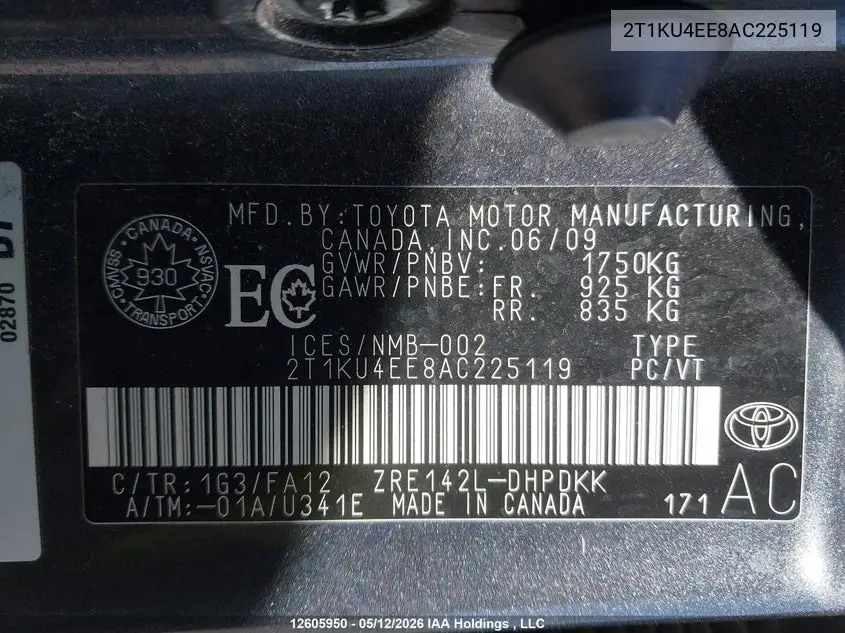 2010 Toyota Corolla Matrix VIN: 2T1KU4EE8AC225119 Lot: 12605950