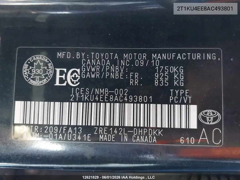 2010 Toyota Matrix VIN: 2T1KU4EE8AC493801 Lot: 12621829