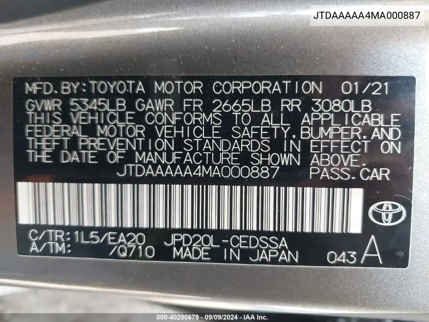 JTDAAAAA4MA000887 2021 Toyota Mirai Xle/Limited