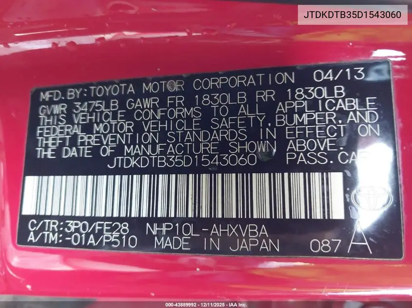 JTDKDTB35D1543060 2013 Toyota Prius C One