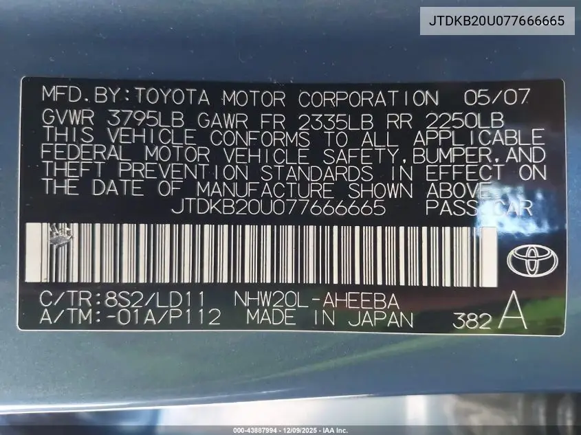 JTDKB20U077666665 2007 Toyota Prius